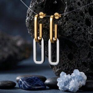 18K Gold Plated 316L Stainless Steel Two Tone Convertible Link Drop Earrings